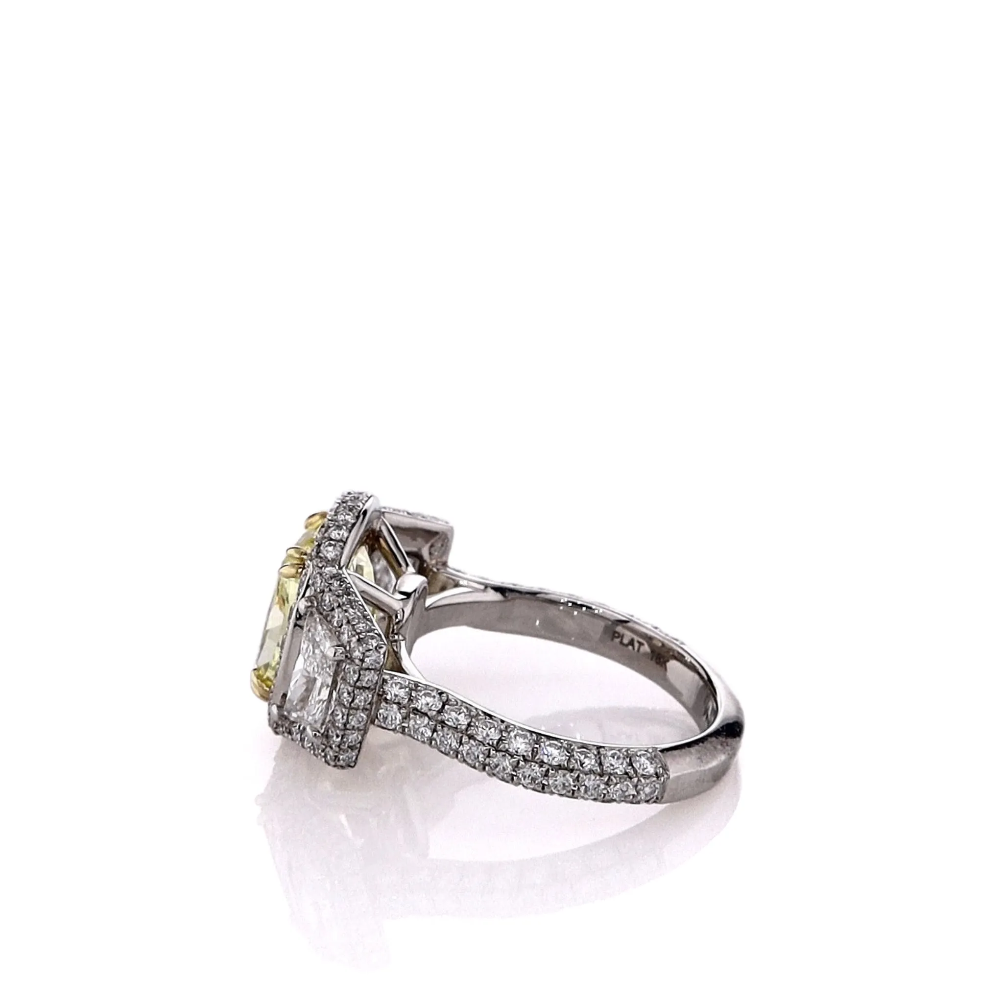 Estate Platinum 4.08ct Cushion Cut Fancy Yellow Diamond Halo Engagement Ring