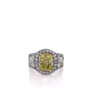 Estate Platinum 4.08ct Cushion Cut Fancy Yellow Diamond Halo Engagement Ring
