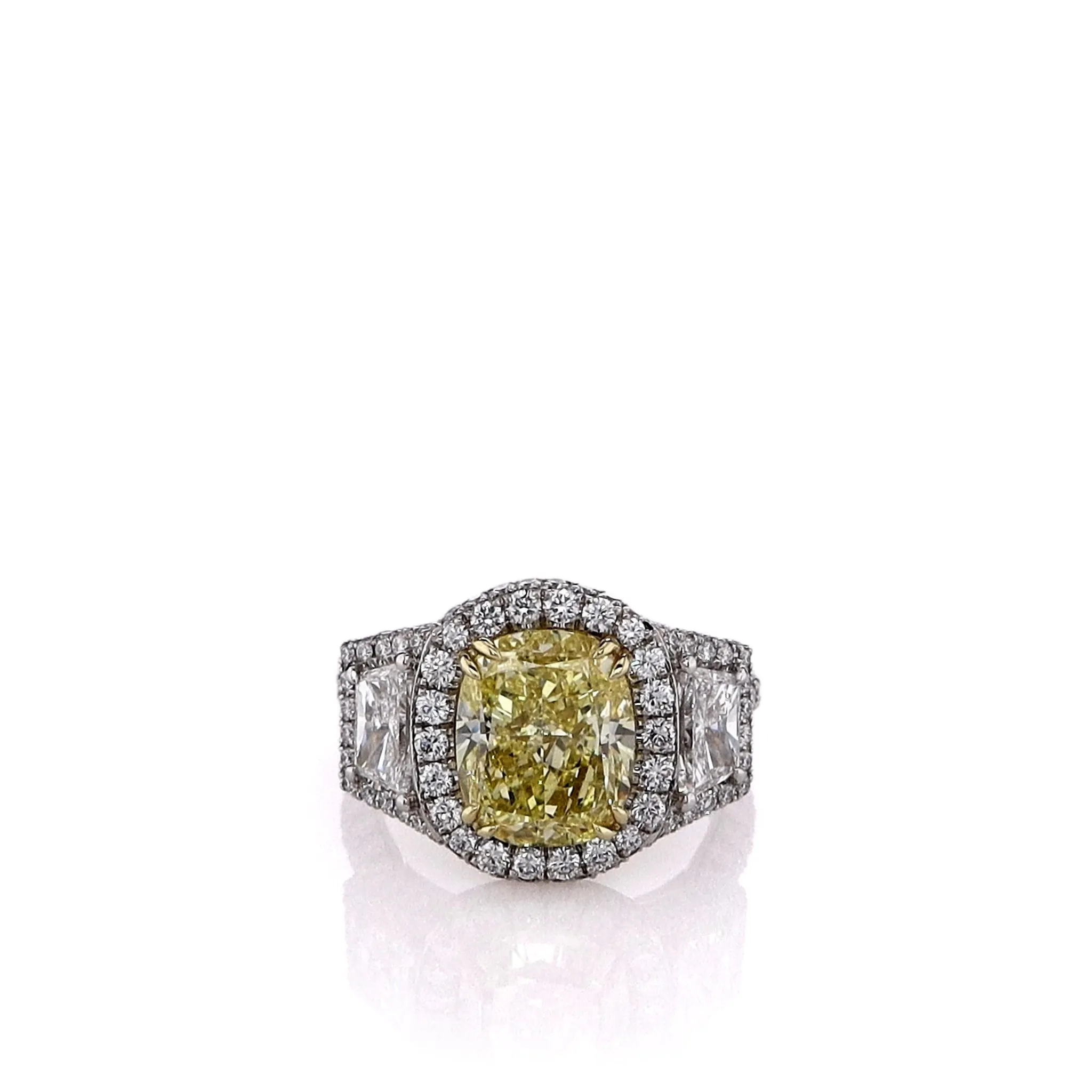 Estate Platinum 4.08ct Cushion Cut Fancy Yellow Diamond Halo Engagement Ring