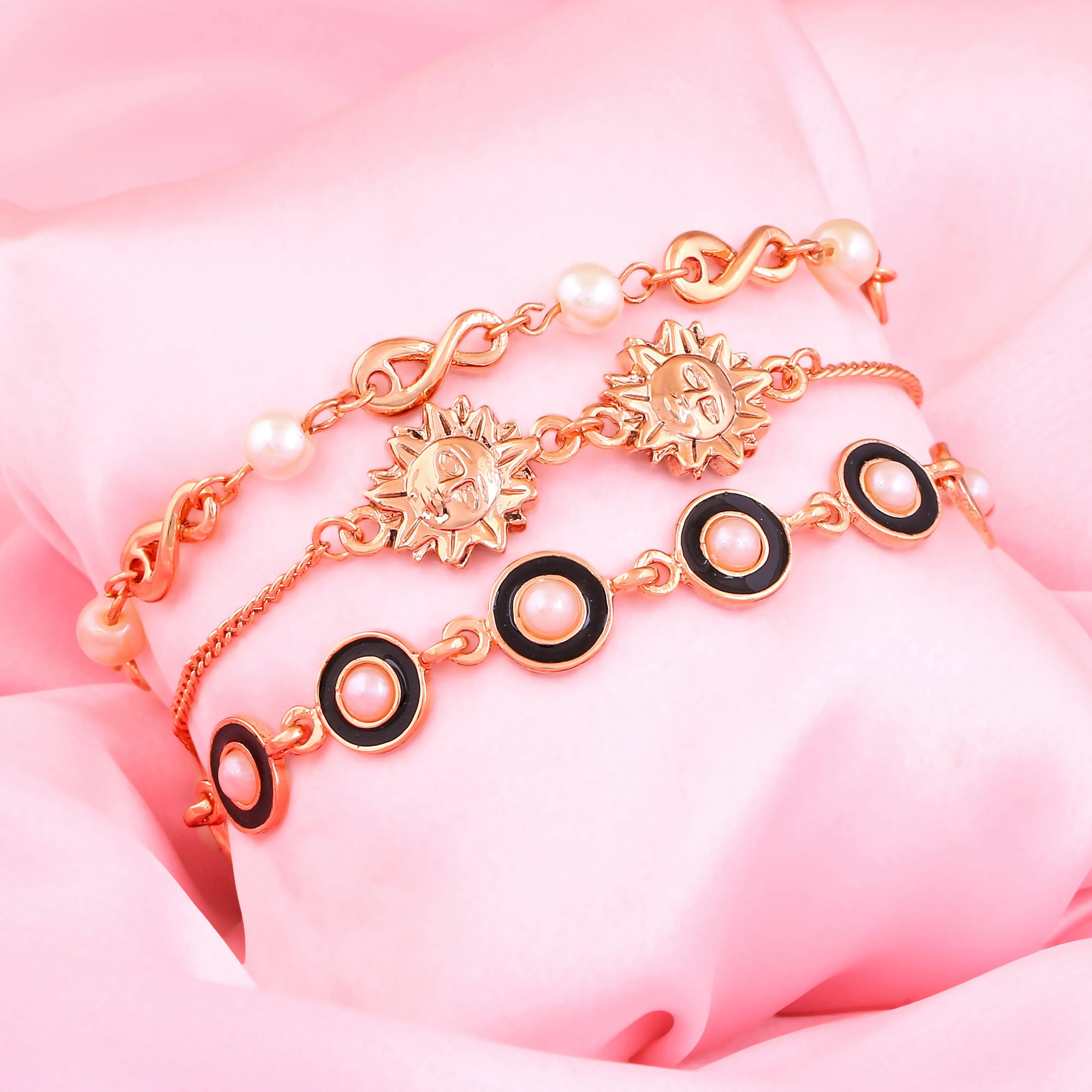 Estele Rose Gold Plated Stylish Fancy Designer Adjustable Charm Bracelet with Black Enamel for Girls & Women