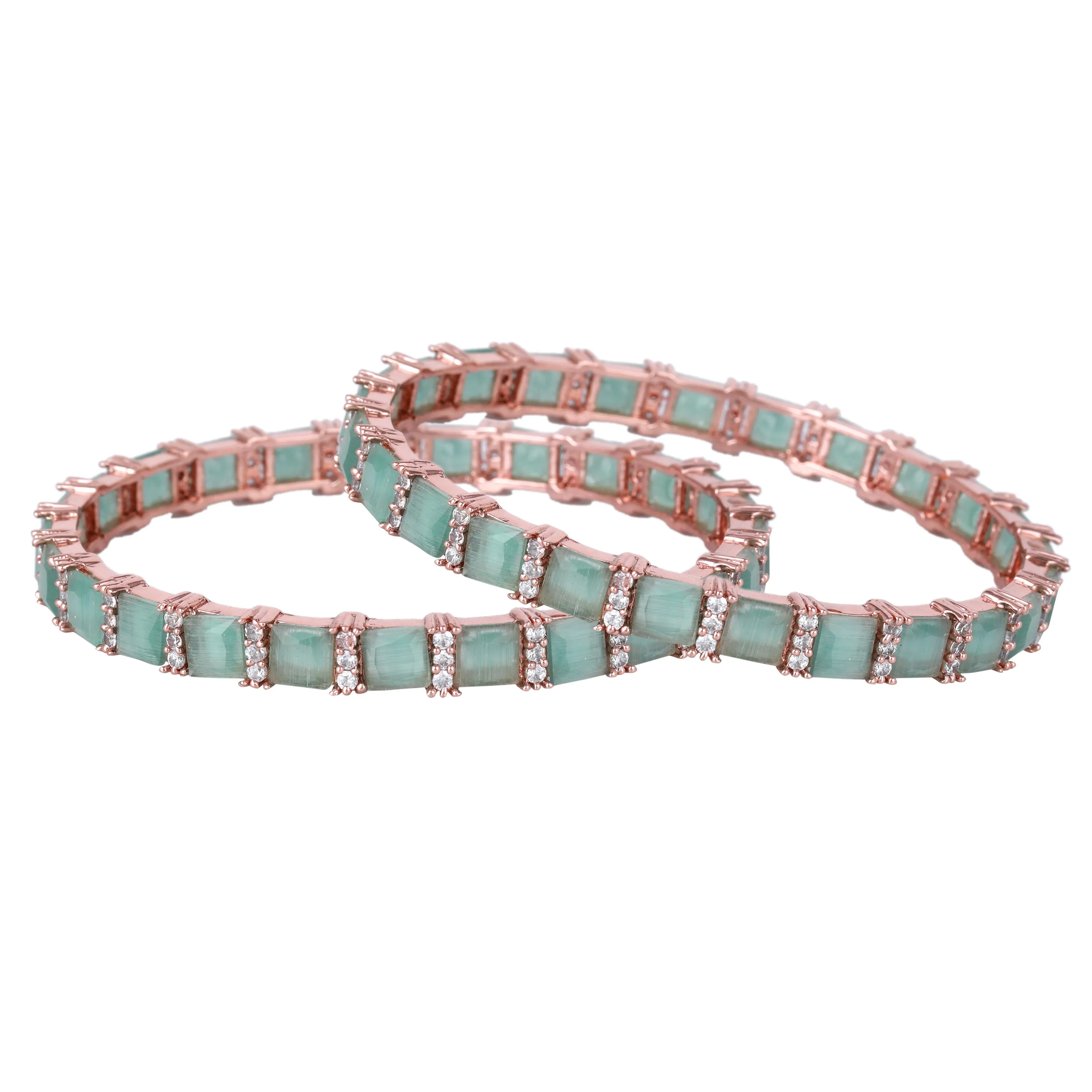Estele Rosegold Plated Glossy Mint Green American Diamond Bangles for Women| Availabe Sizes 2:4, 2:6 & 2:8 | Add a Touch of Glamour to Your Outfit