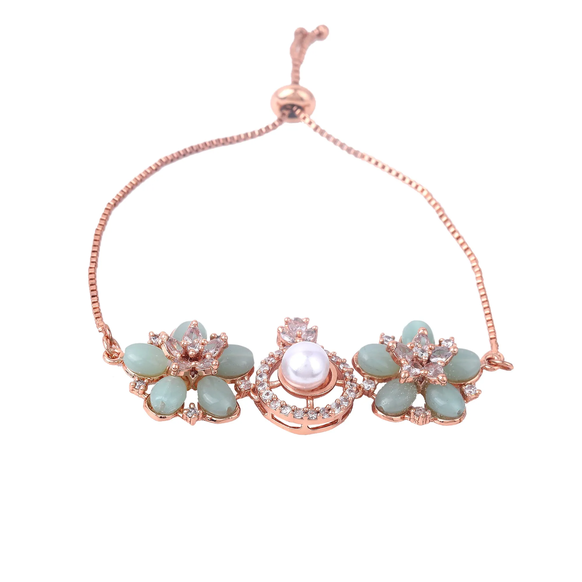 Estele Rosegold Plated Stylish Floral Design Lightweight Adjustable Varya Bracelet with Mint Green Beads for Women