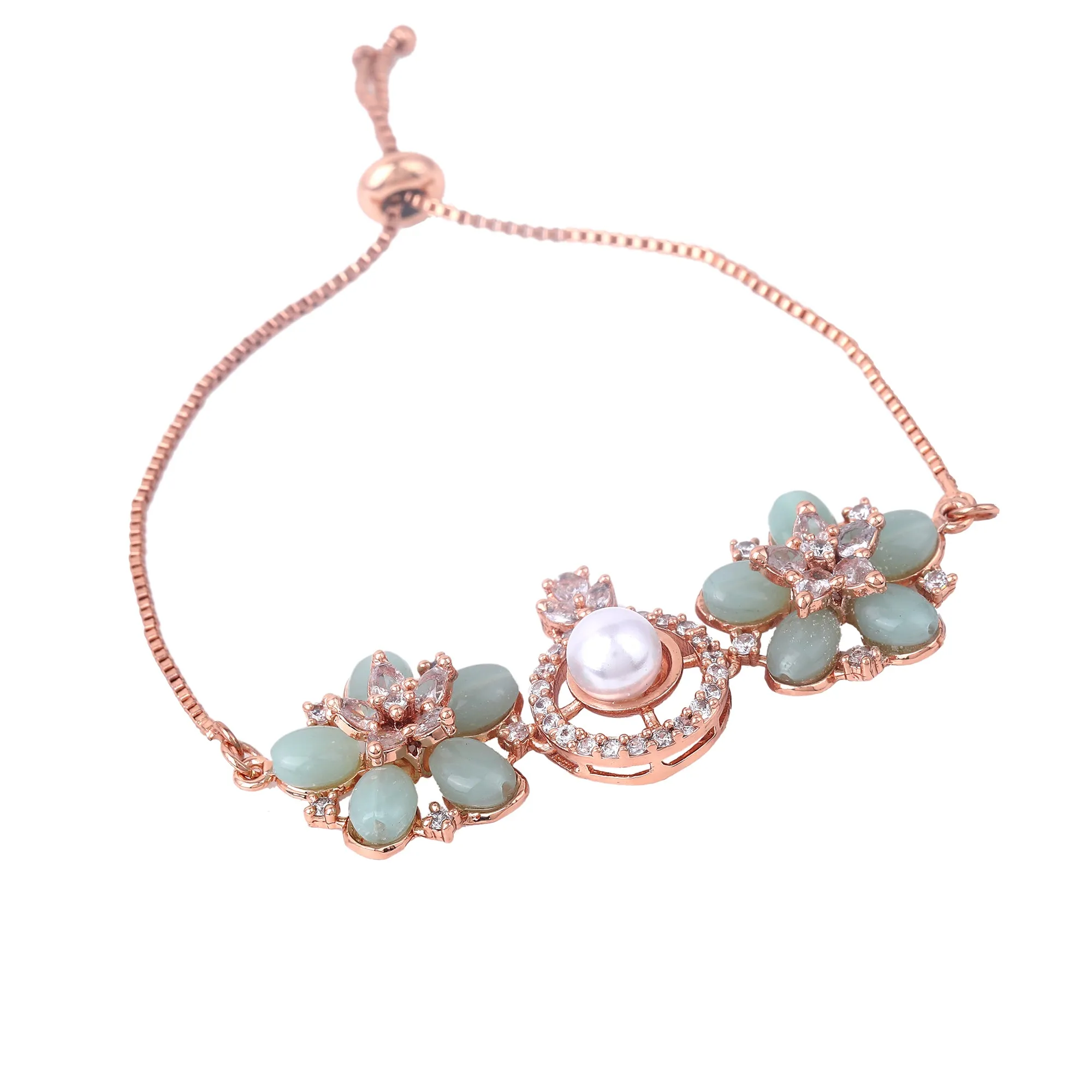 Estele Rosegold Plated Stylish Floral Design Lightweight Adjustable Varya Bracelet with Mint Green Beads for Women