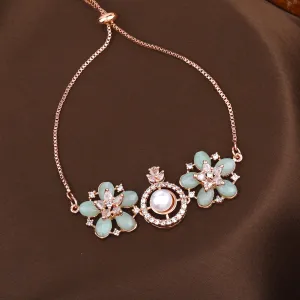 Estele Rosegold Plated Stylish Floral Design Lightweight Adjustable Varya Bracelet with Mint Green Beads for Women