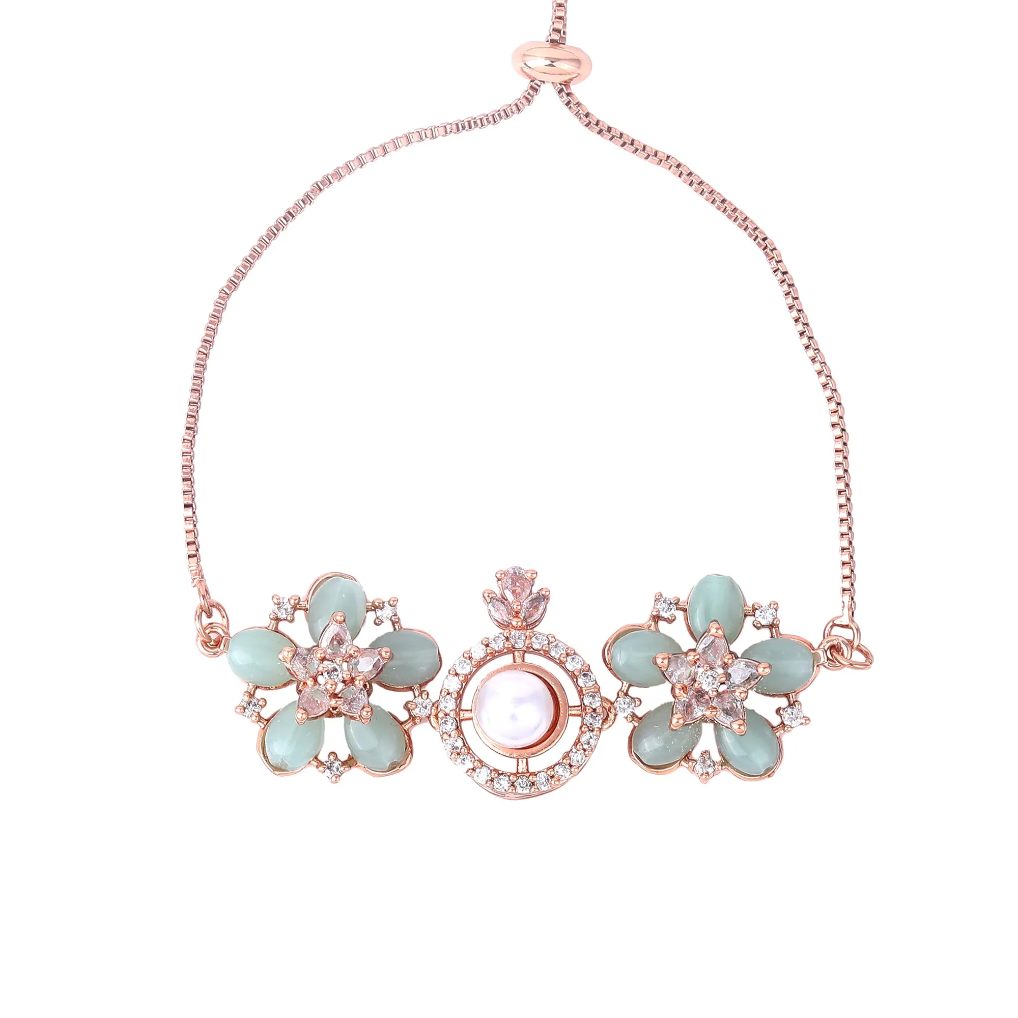 Estele Rosegold Plated Stylish Floral Design Lightweight Adjustable Varya Bracelet with Mint Green Beads for Women