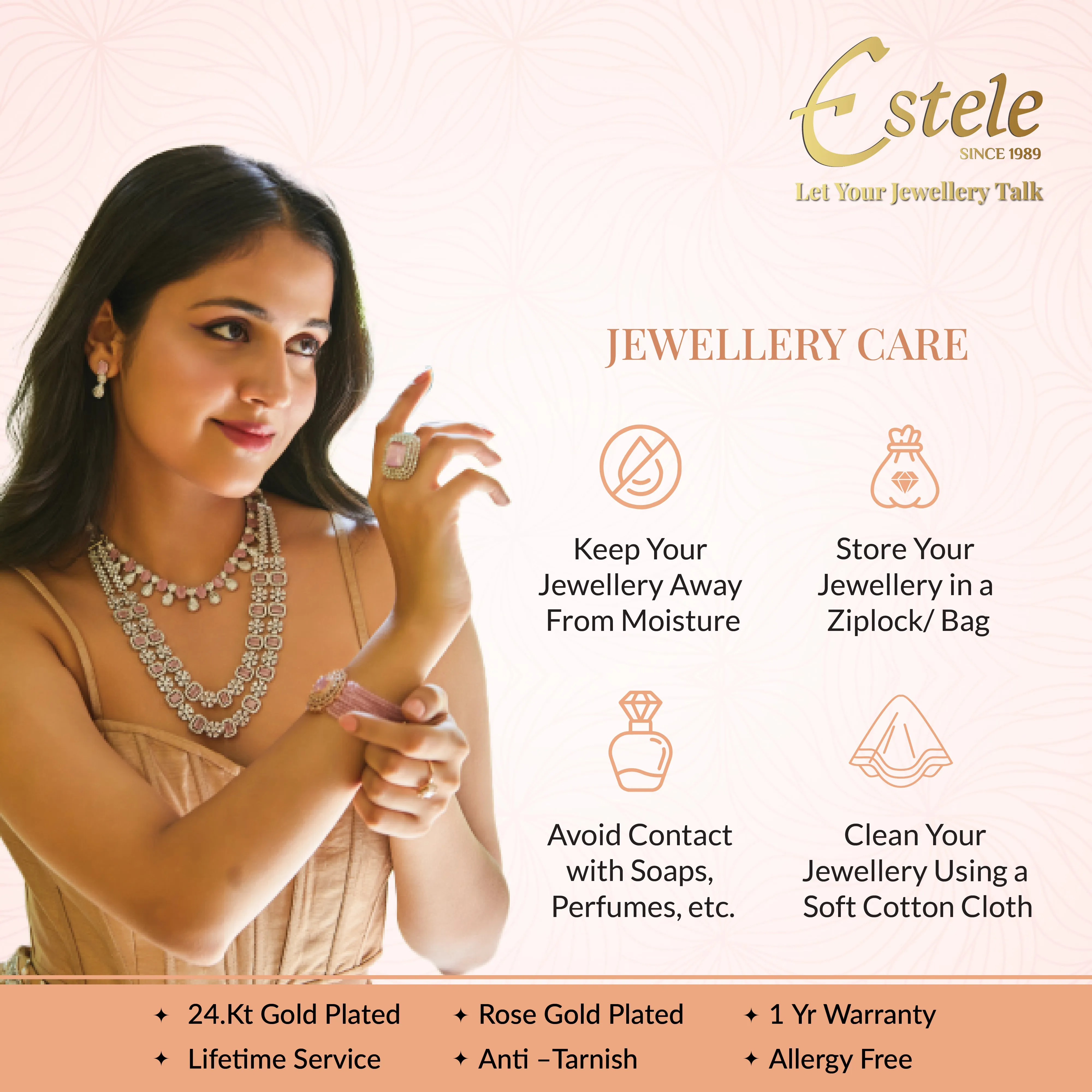 Estele Rosegold Plated Stylish Floral Design Lightweight Adjustable Varya Bracelet with Mint Green Beads for Women