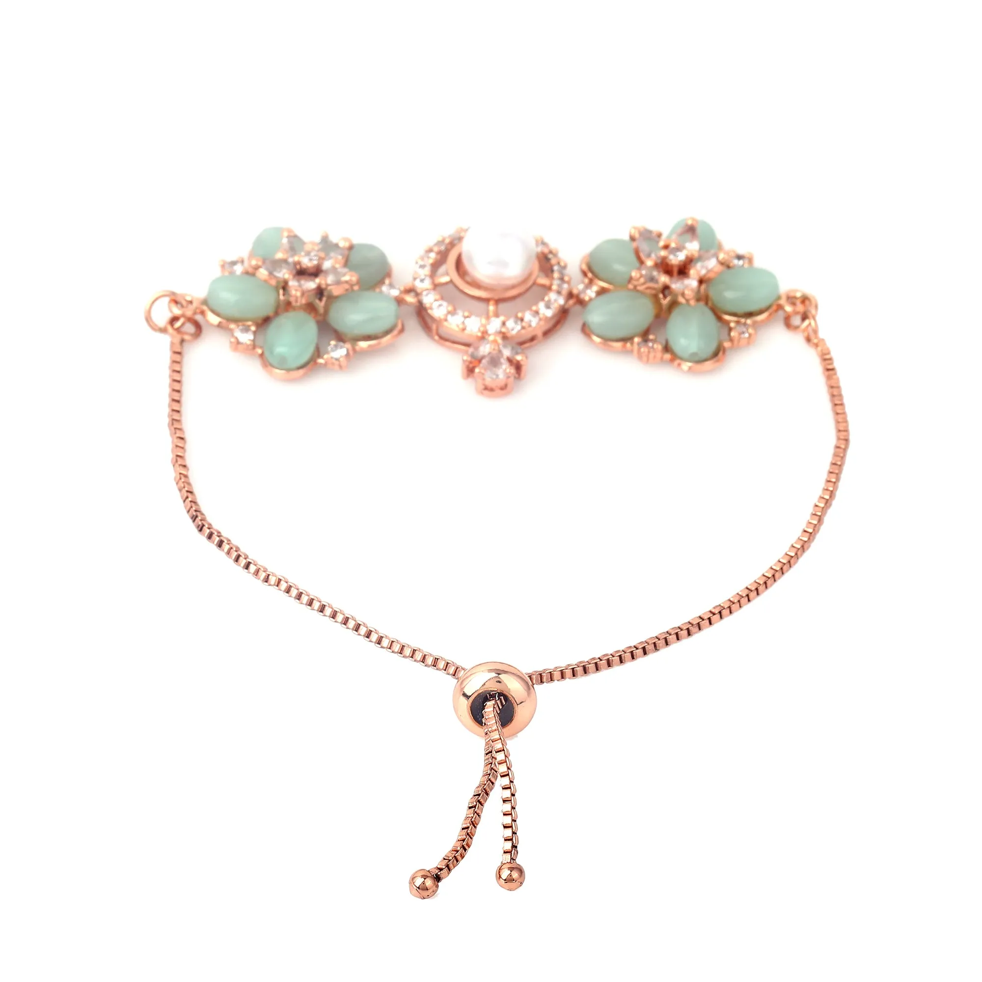 Estele Rosegold Plated Stylish Floral Design Lightweight Adjustable Varya Bracelet with Mint Green Beads for Women