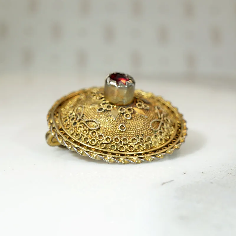 Etruscan Revival Garnet in Silver Gilt Filigree Brooch