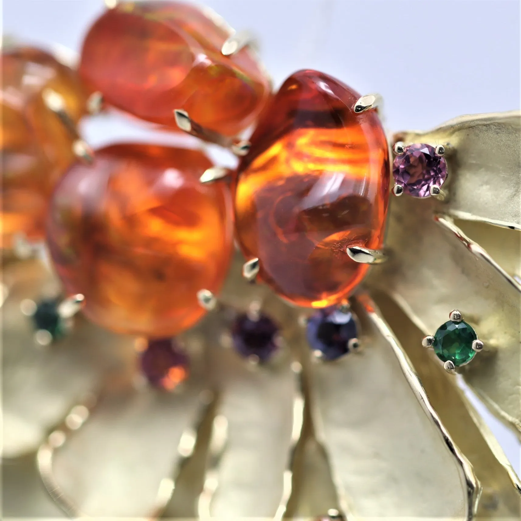 Fire Opal Multi-Color Sapphire Gold Sunrise Brooch