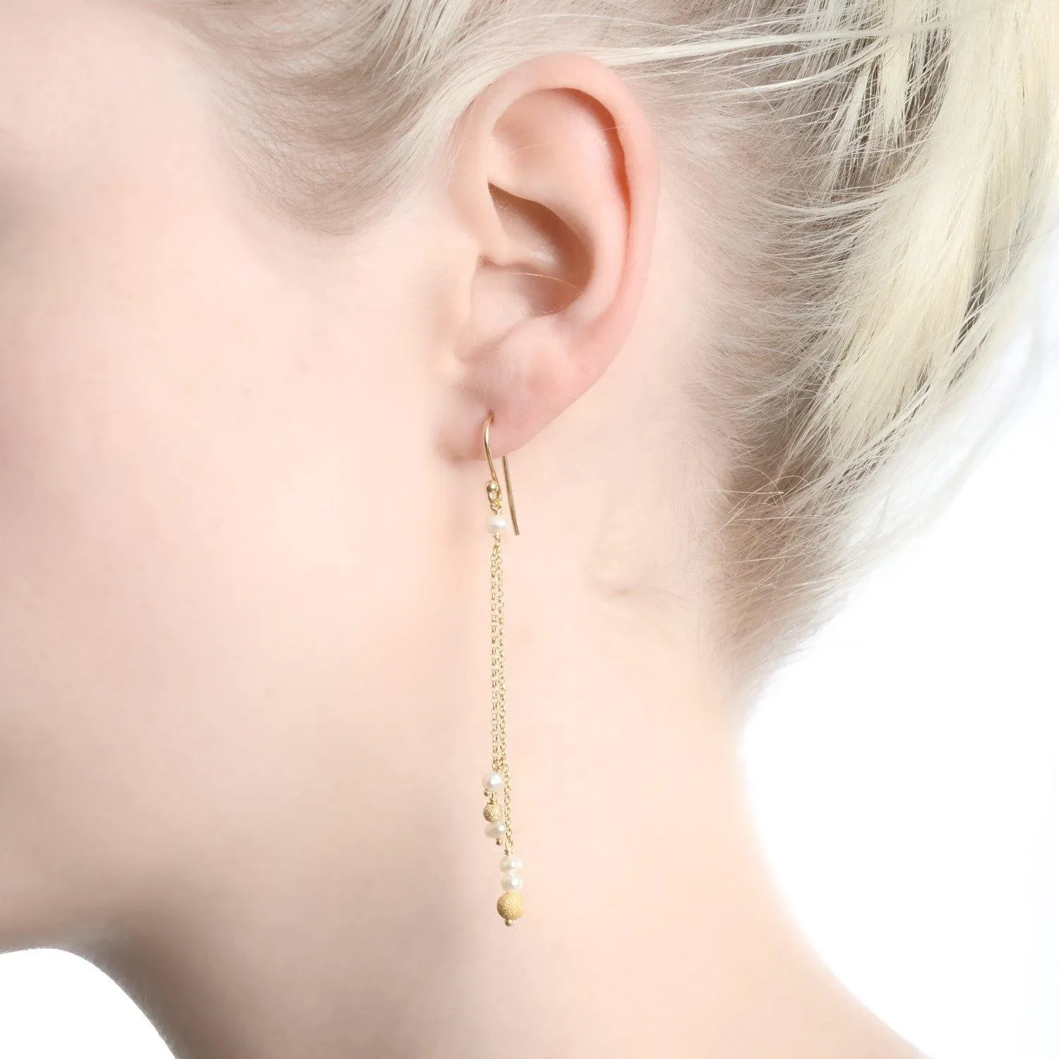 Frosted Long Chain Earrings - 18k Gold White freshwater pearls