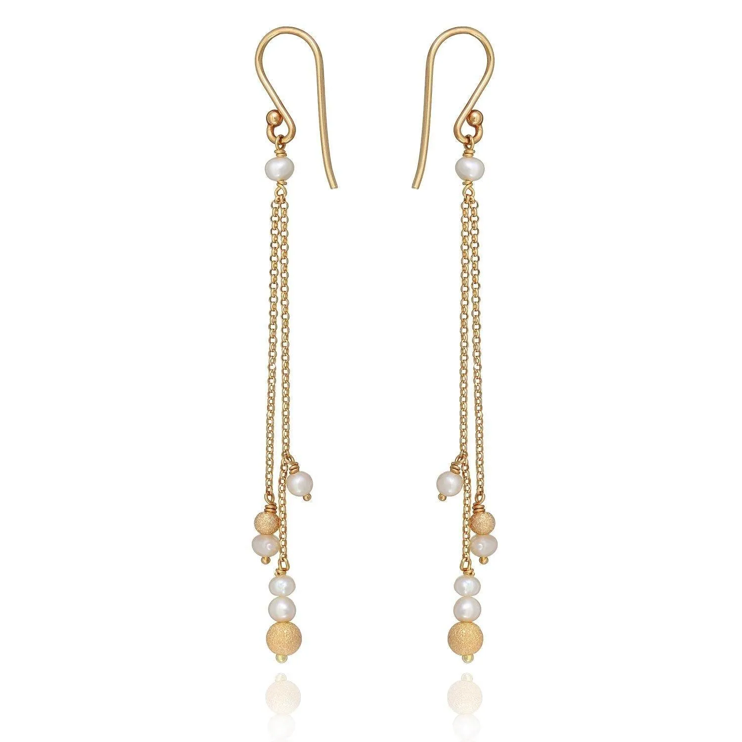Frosted Long Chain Earrings - 18k Gold White freshwater pearls