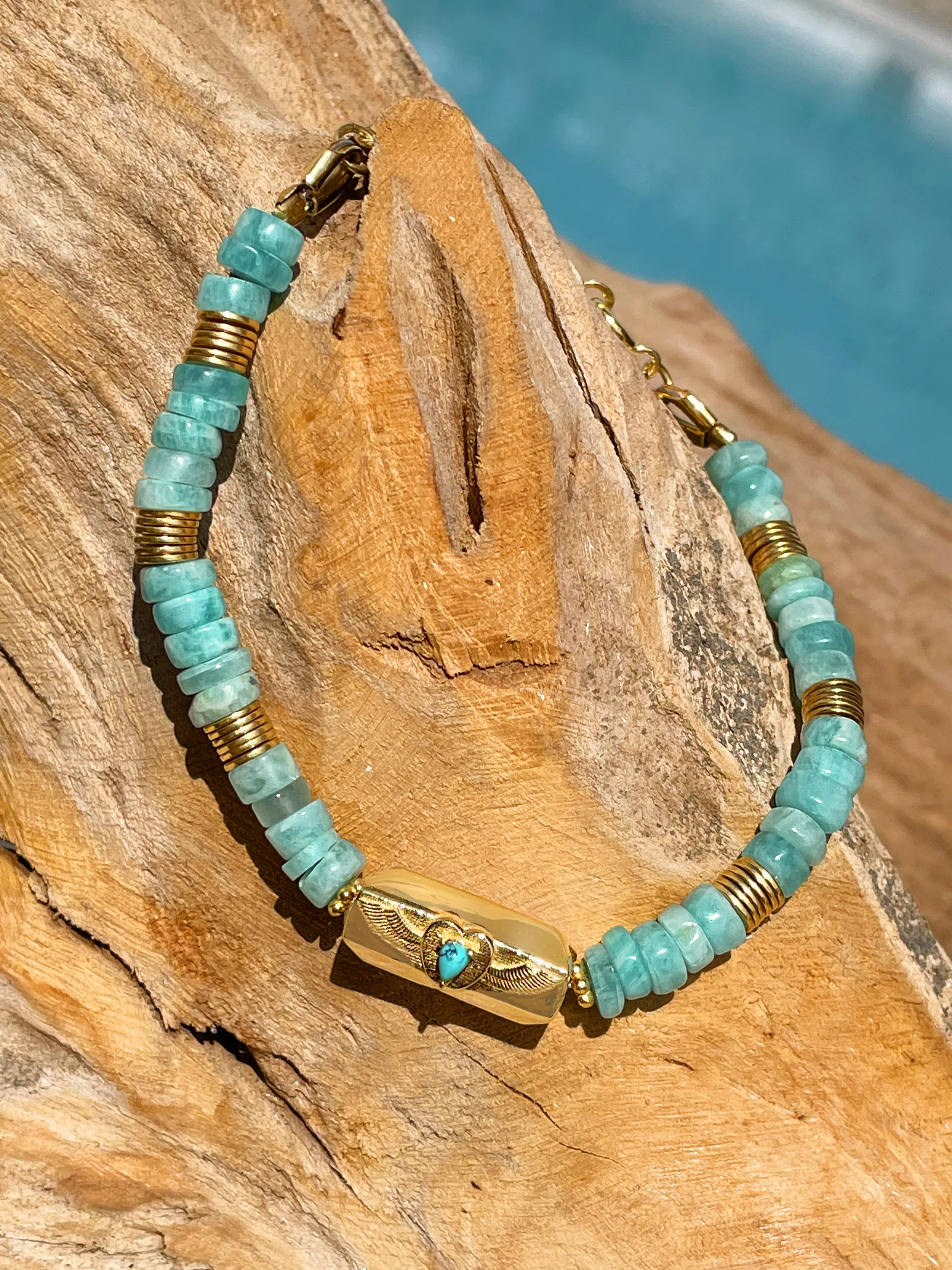 Gold-plated pearl bracelet in 18k yellow gold, assembled with Amazonite and Turquoise