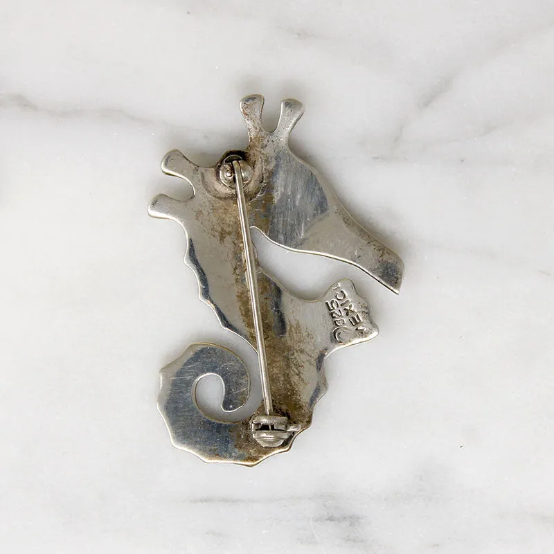 Graphic Sterling & Green Enamel Seahorse Brooch