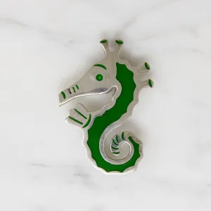 Graphic Sterling & Green Enamel Seahorse Brooch