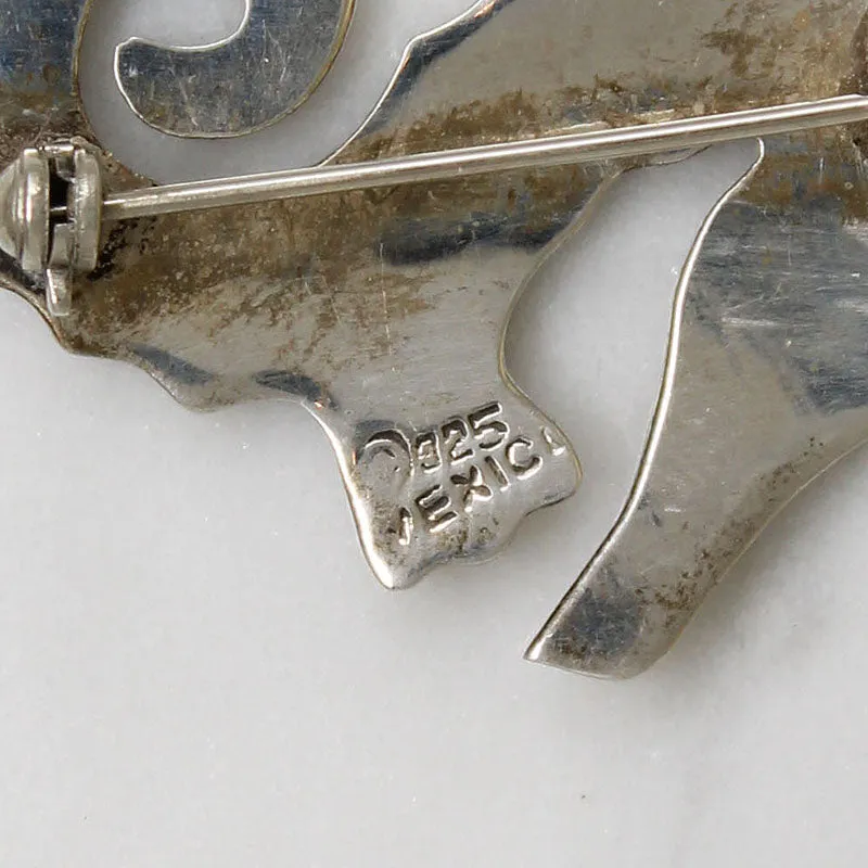 Graphic Sterling & Green Enamel Seahorse Brooch