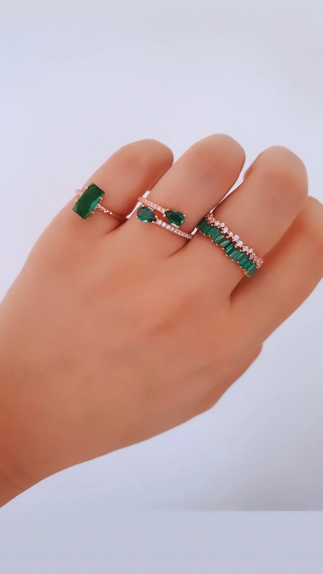 Green Drops Ring - 925 Sterling Silver, Rose Gold Plated