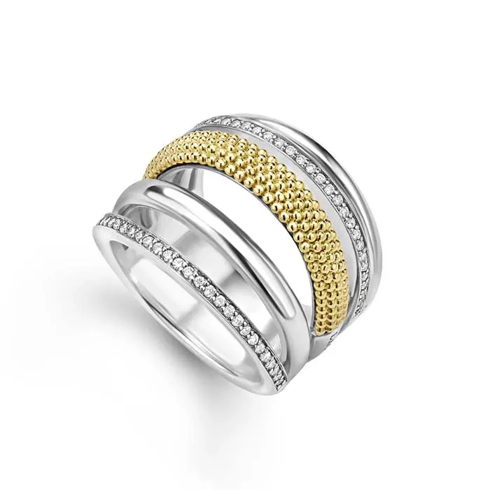 LAGOS Two-Tone Five Row Ring with Diamonds in Sterling Silver and 18K Yellow Gold