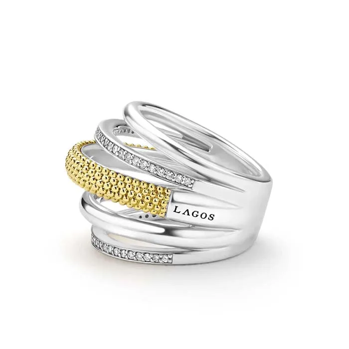 LAGOS Two-Tone Five Row Ring with Diamonds in Sterling Silver and 18K Yellow Gold