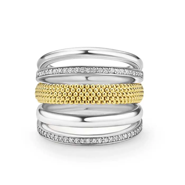 LAGOS Two-Tone Five Row Ring with Diamonds in Sterling Silver and 18K Yellow Gold