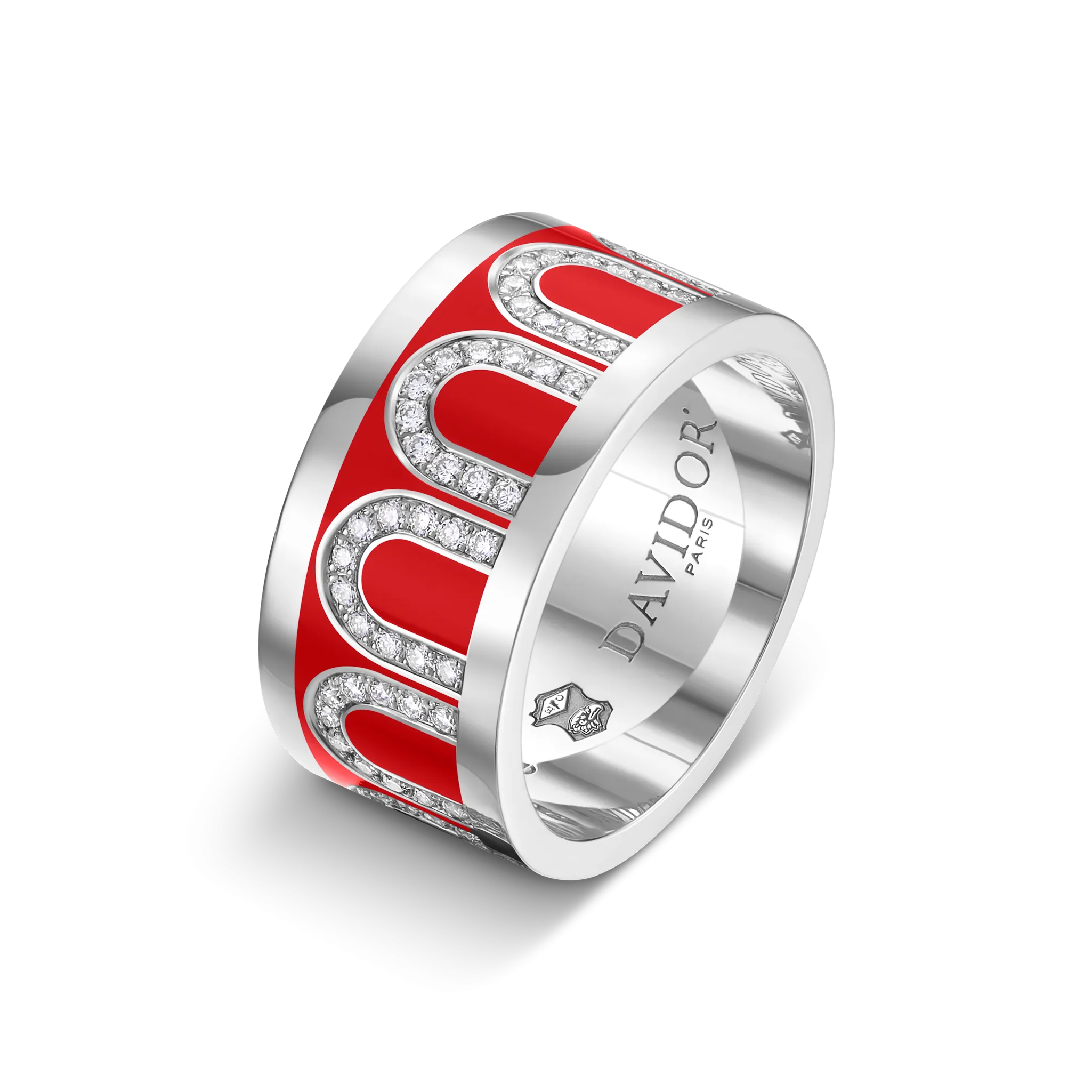 L'Arc de DAVIDOR Ring GM, 18k White Gold with Fraise Lacquered Ceramic and Arcade Diamonds