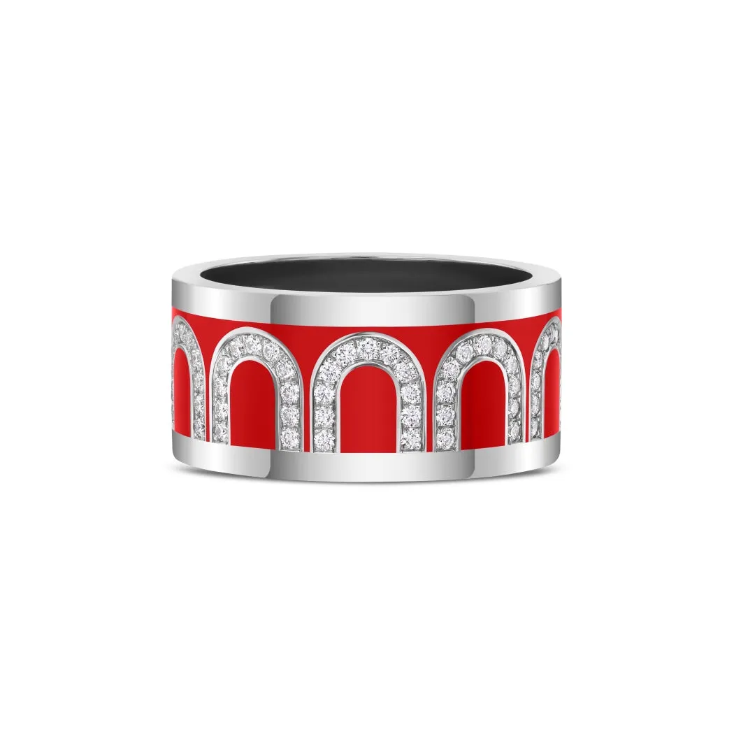 L'Arc de DAVIDOR Ring GM, 18k White Gold with Fraise Lacquered Ceramic and Arcade Diamonds