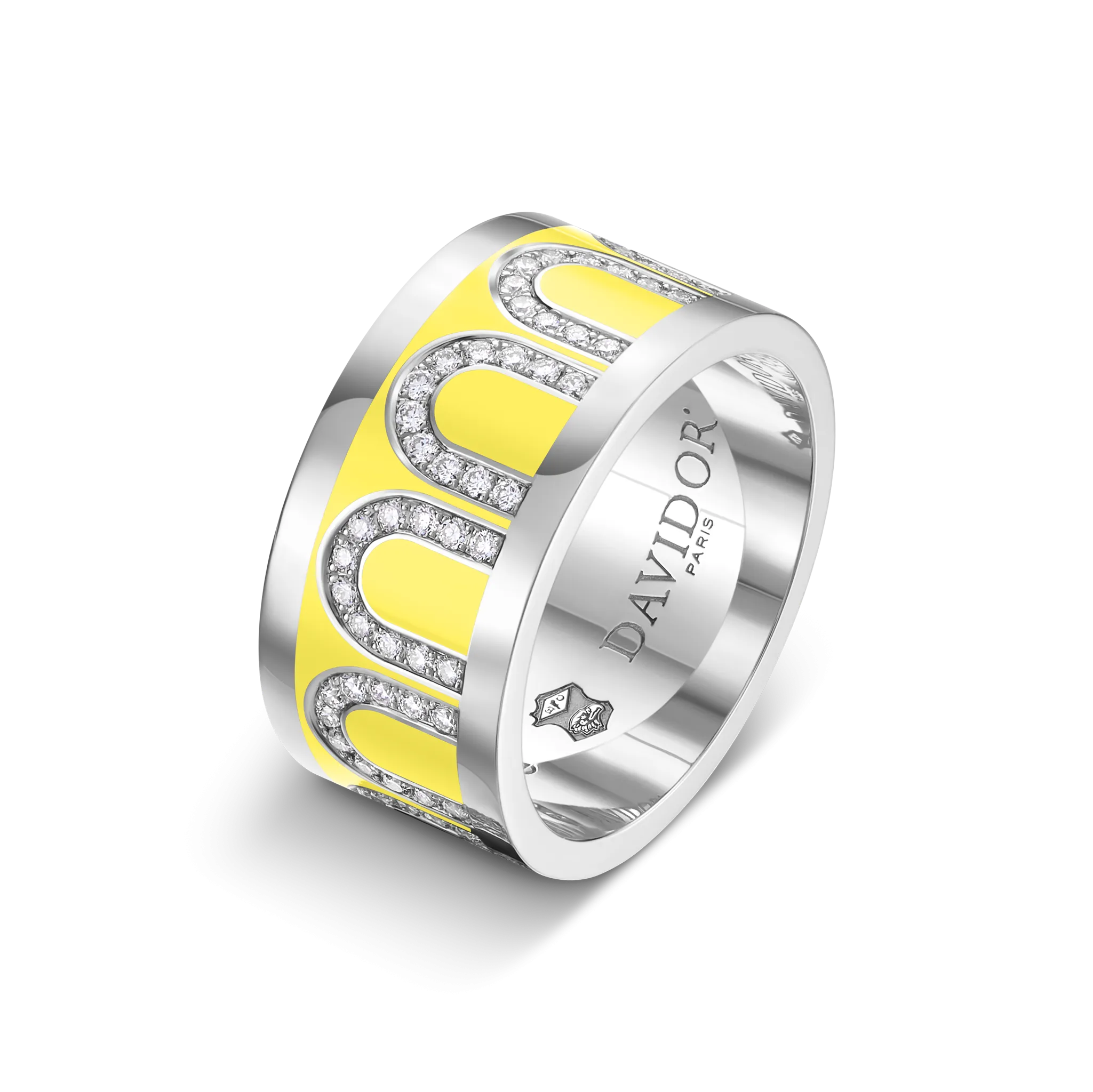 L'Arc de DAVIDOR Ring GM, 18k White Gold with Limoncello Lacquered Ceramic and Arcade Diamonds