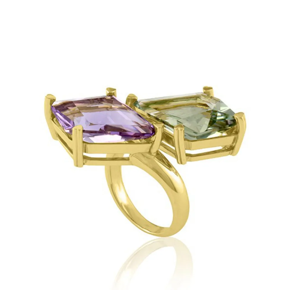 Lisa Nik 18k Gold Green Quartz & Amethyst Bypass Ring