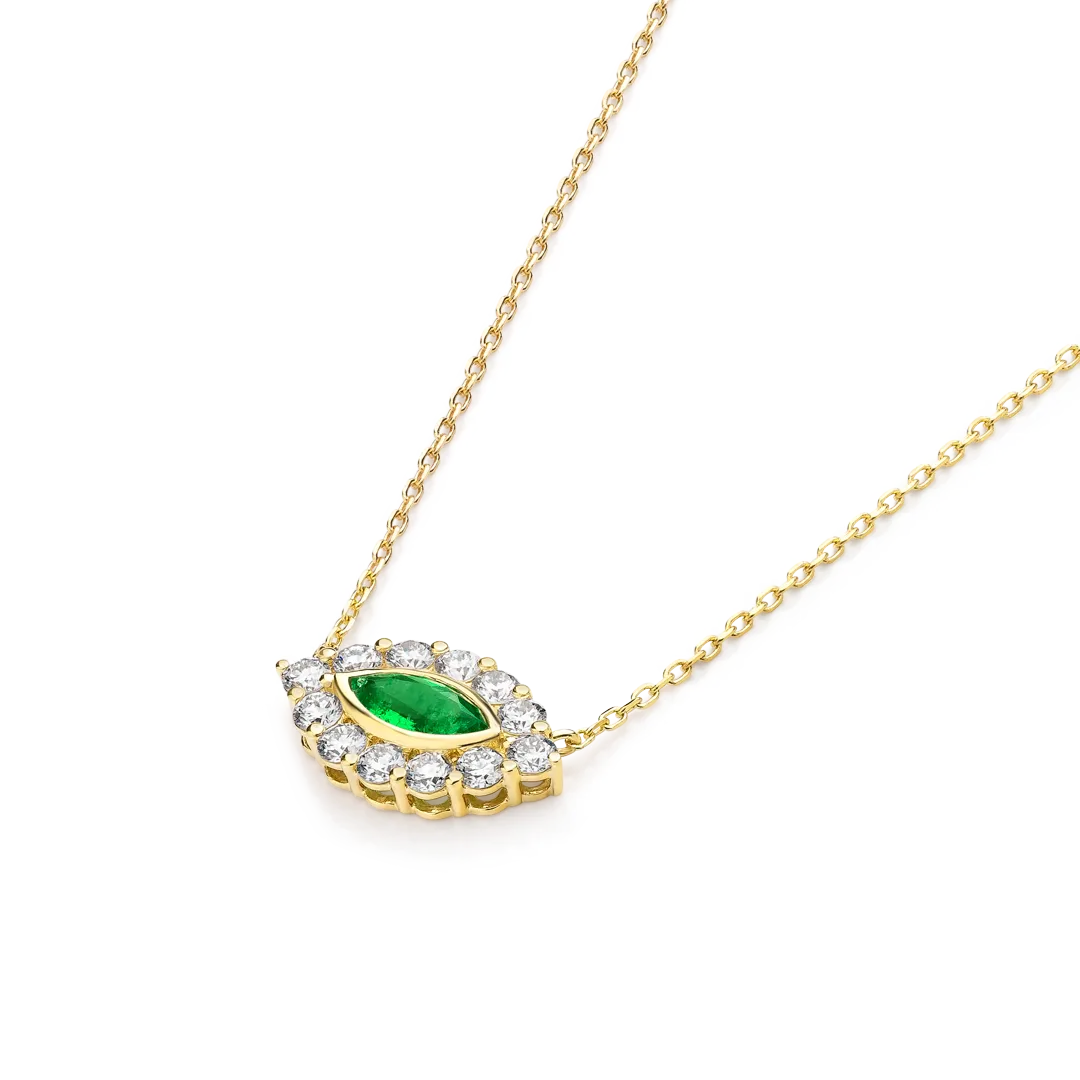 Marquise Evil Eye Colombian Emerald And Diamond Pendant Yellow Gold