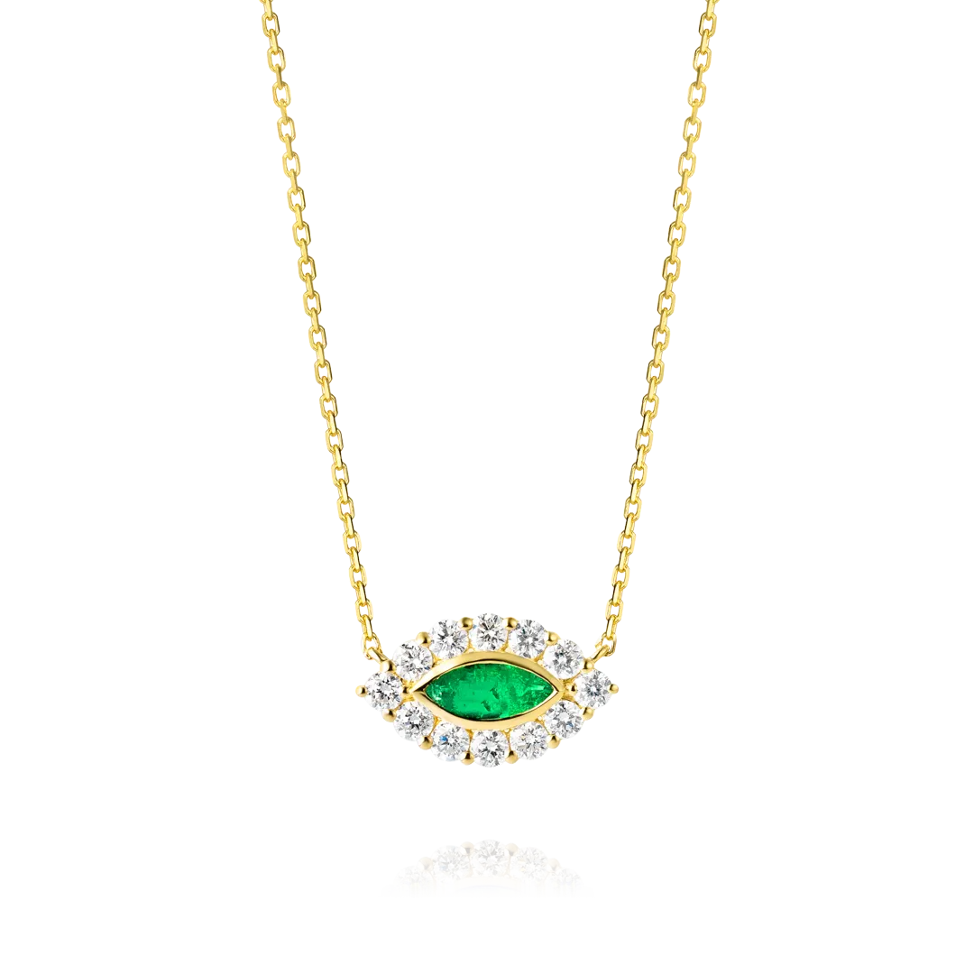 Marquise Evil Eye Colombian Emerald And Diamond Pendant Yellow Gold