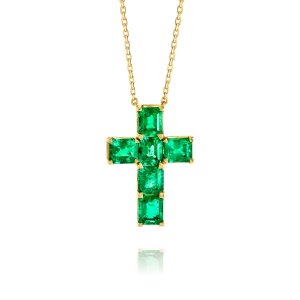 Medium Emerald Cut Green Emerald Cross Pendant White Gold