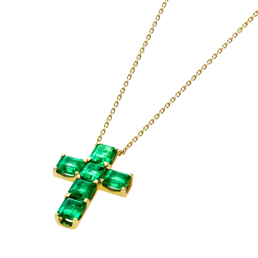 Medium Emerald Cut Green Emerald Cross Pendant White Gold