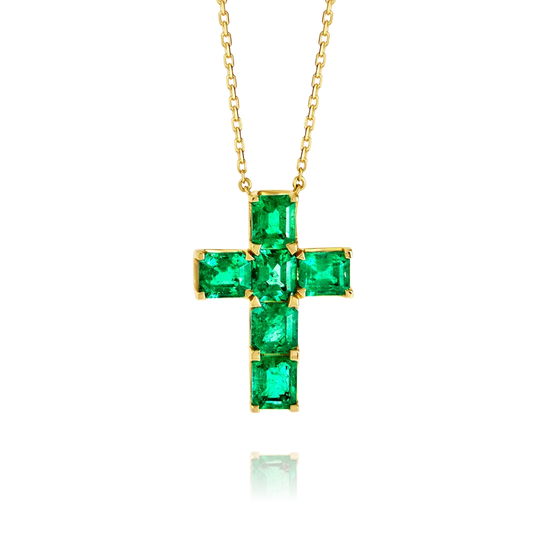 Medium Emerald Cut Green Emerald Cross Pendant White Gold