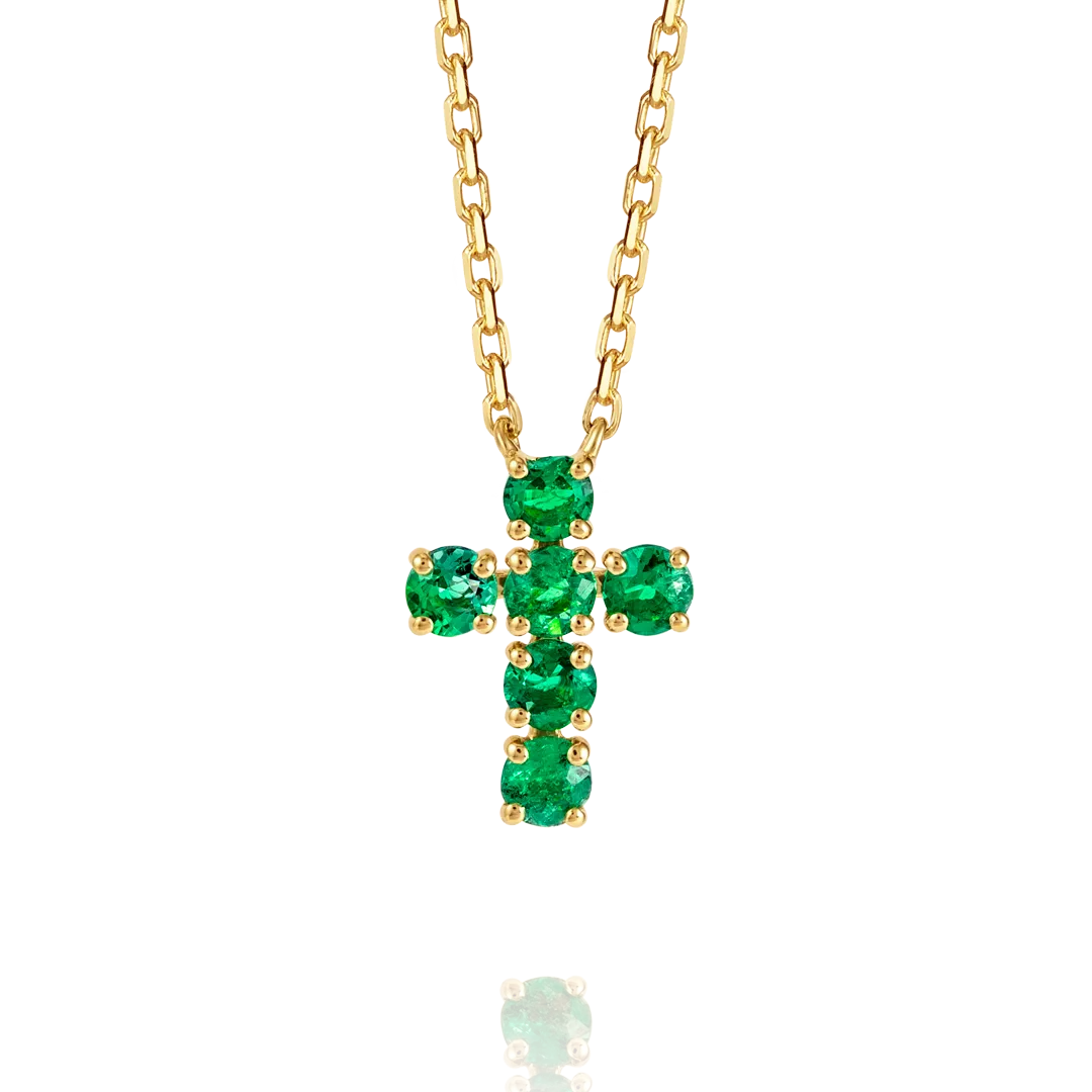 Medium Green Emerald Cross Pendant Yellow Gold