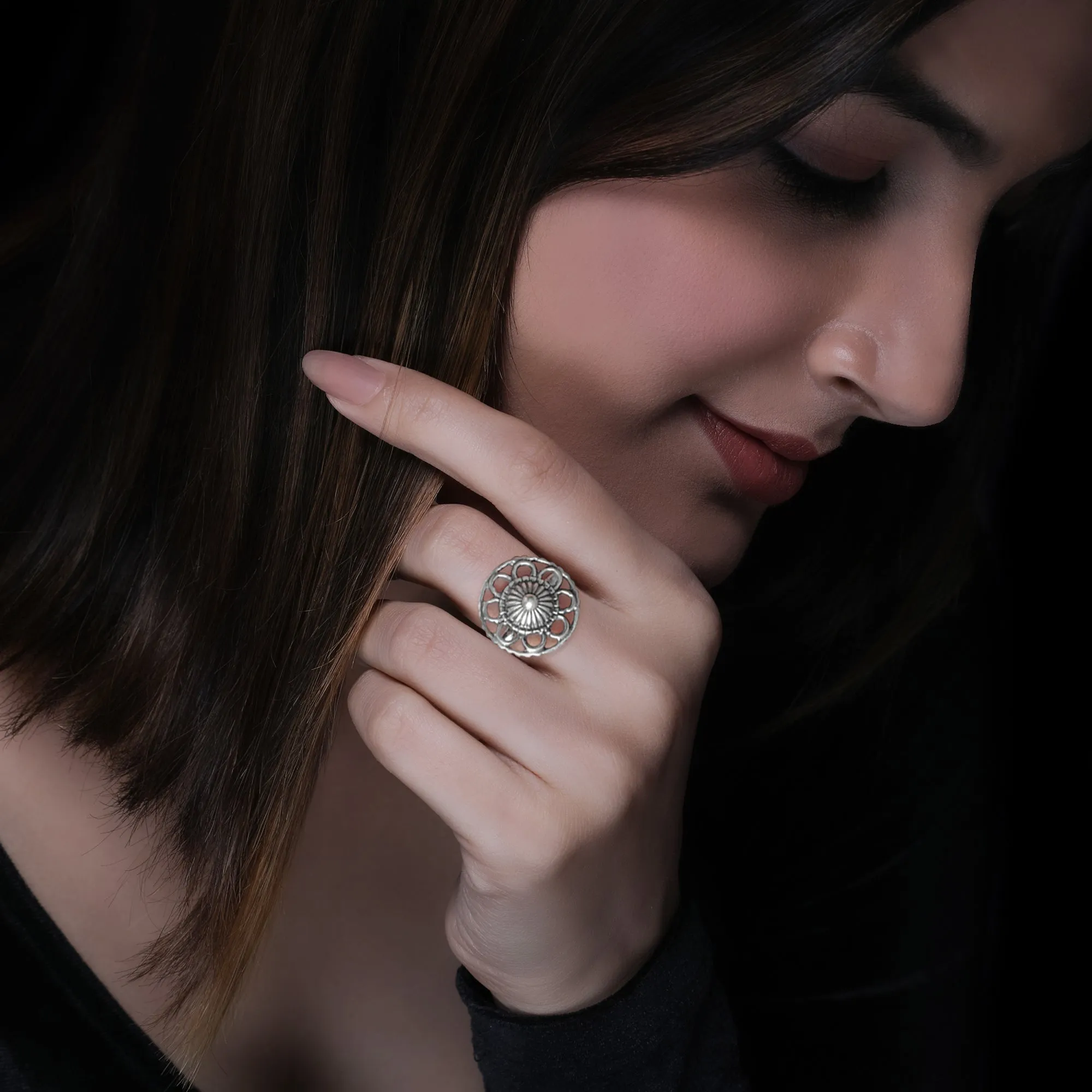 Oxidised Silver Flower Blossom Ring