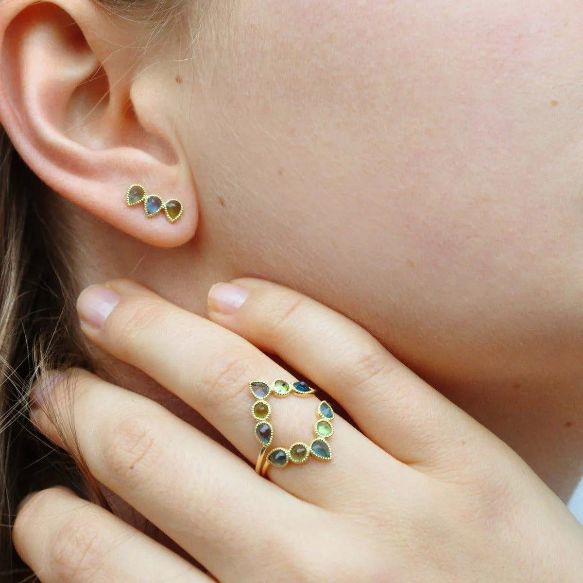 Precious Ear Climber - Right Blue Topaz & Tourmaline -18k Gold