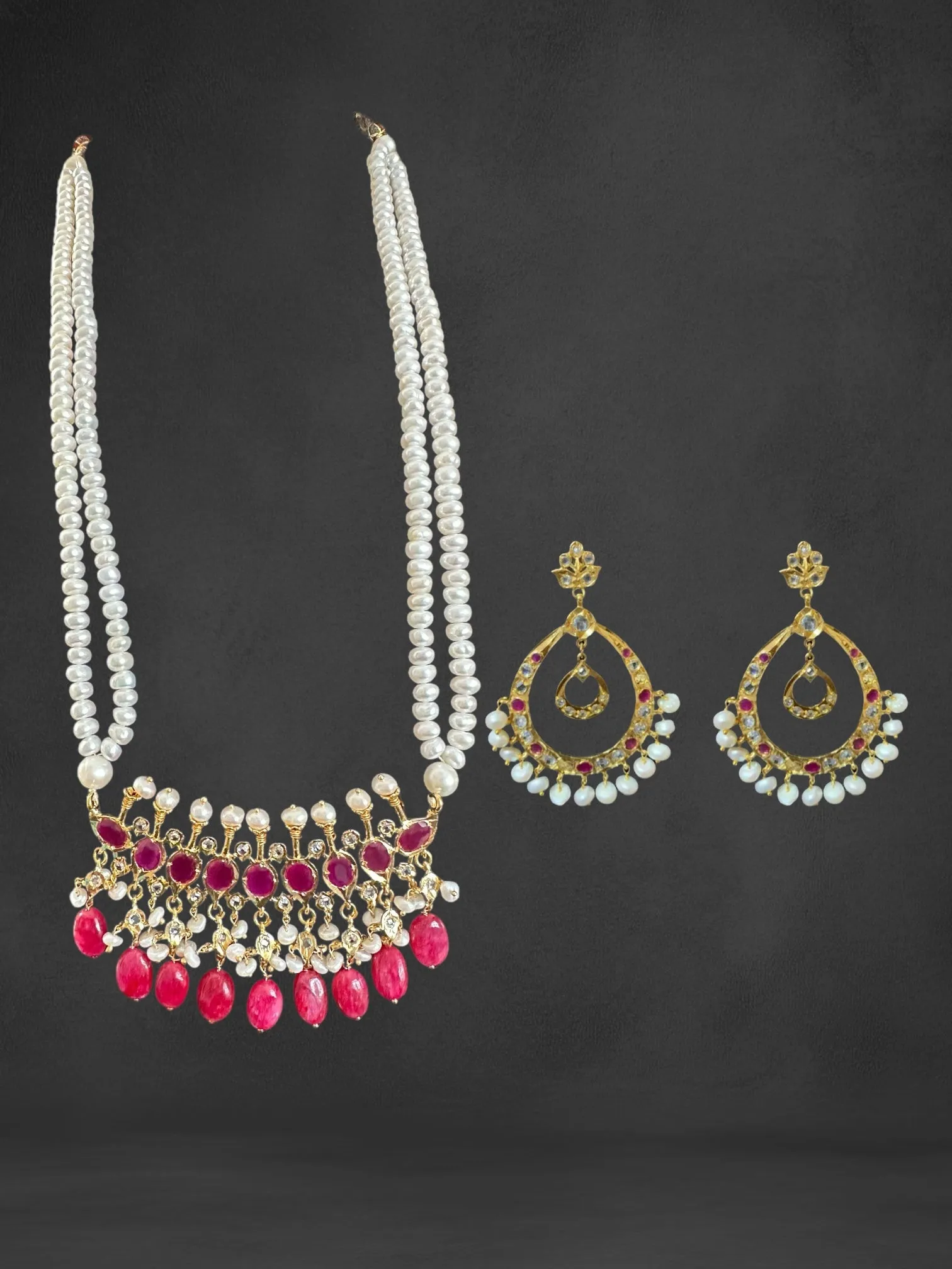 PS508 Tirmani in Rubies with Freshwater Pearls and Chandbali Earrings ?C Gold-Plated Lightweight Jewelry( READY TO SHIP )