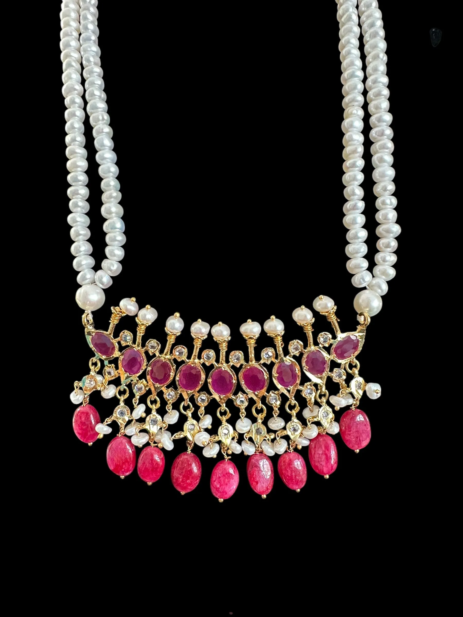 PS508 Tirmani in Rubies with Freshwater Pearls and Chandbali Earrings ?C Gold-Plated Lightweight Jewelry( READY TO SHIP )