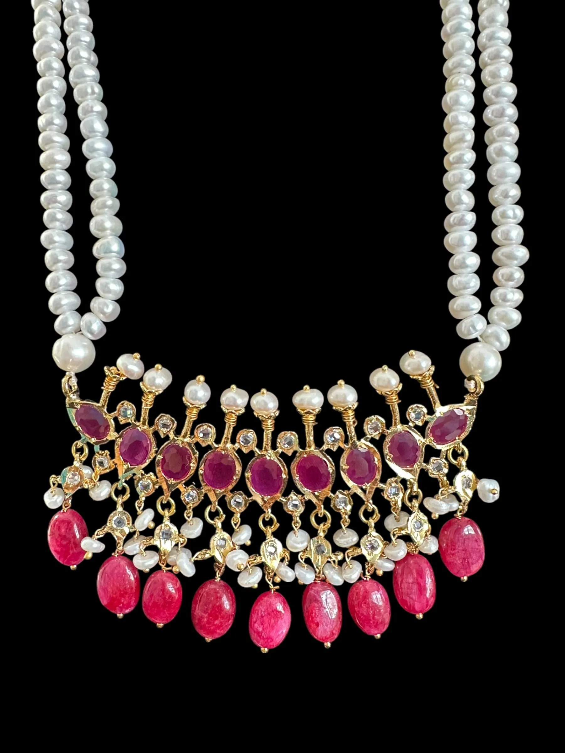 PS508 Tirmani in Rubies with Freshwater Pearls and Chandbali Earrings ?C Gold-Plated Lightweight Jewelry( READY TO SHIP )