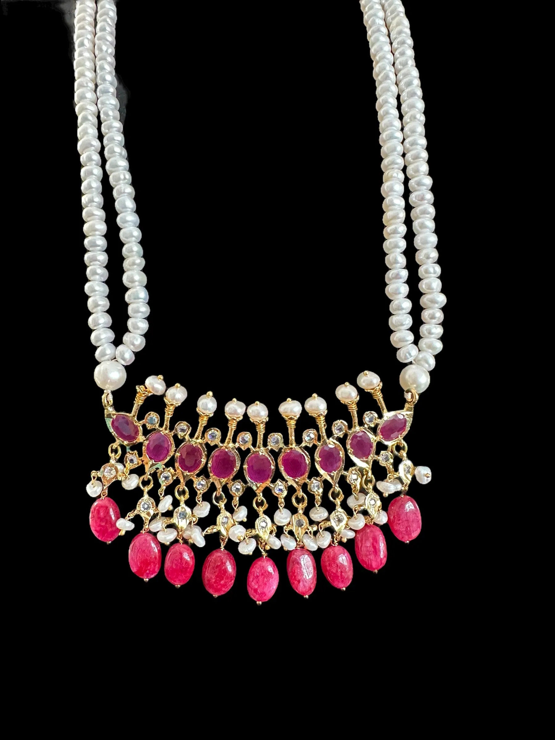 PS508 Tirmani in Rubies with Freshwater Pearls and Chandbali Earrings ?C Gold-Plated Lightweight Jewelry( READY TO SHIP )