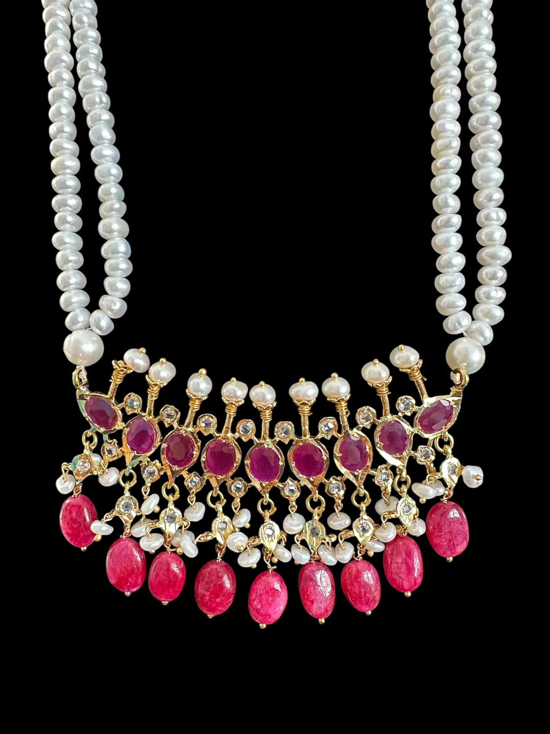 PS508 Tirmani in Rubies with Freshwater Pearls and Chandbali Earrings ?C Gold-Plated Lightweight Jewelry( READY TO SHIP )