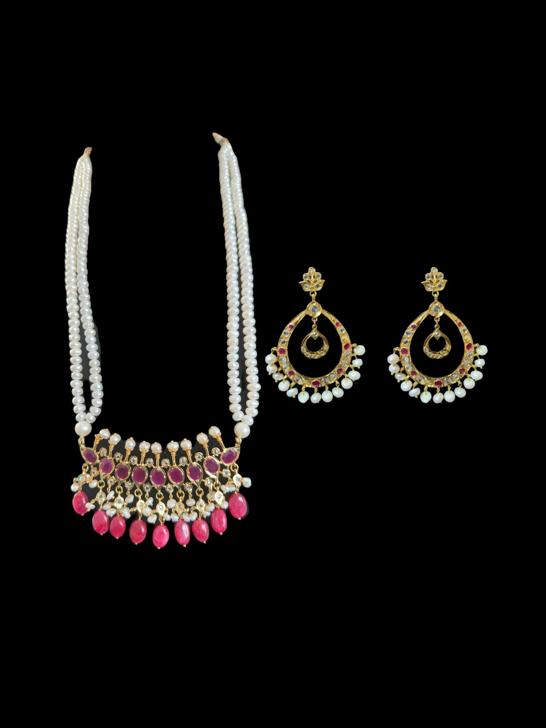 PS508 Tirmani in Rubies with Freshwater Pearls and Chandbali Earrings ?C Gold-Plated Lightweight Jewelry( READY TO SHIP )