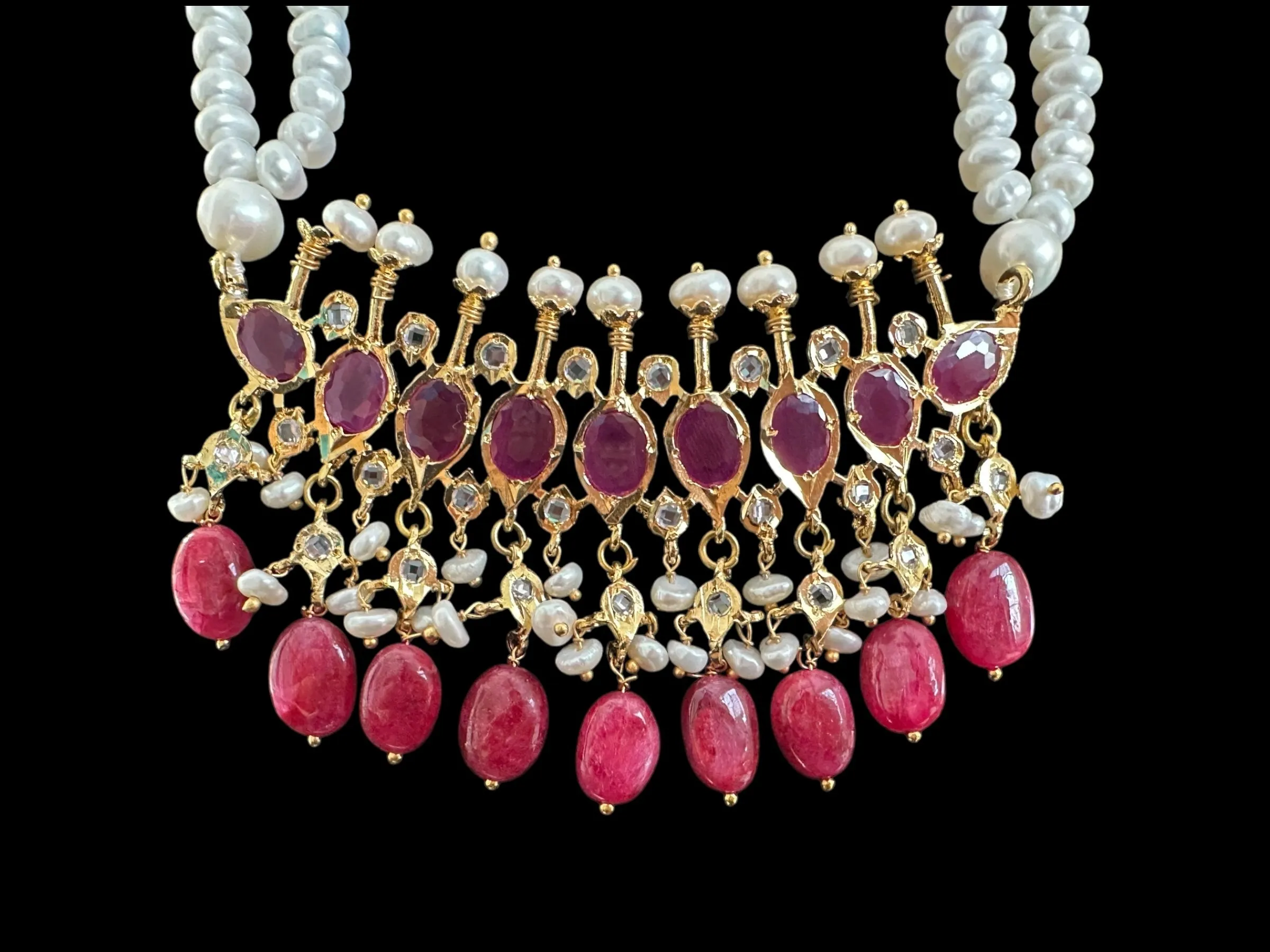 PS508 Tirmani in Rubies with Freshwater Pearls and Chandbali Earrings ?C Gold-Plated Lightweight Jewelry( READY TO SHIP )