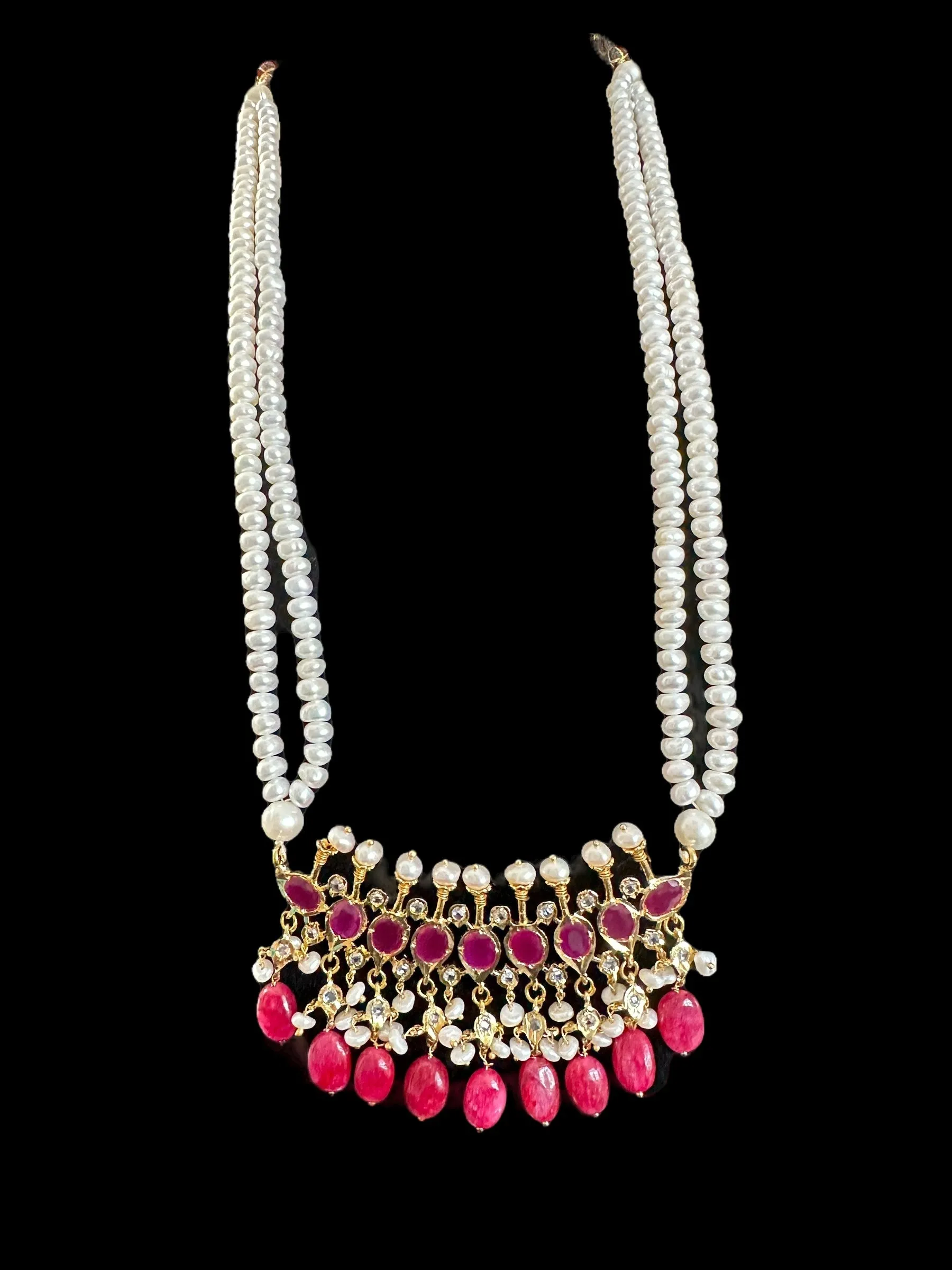 PS508 Tirmani in Rubies with Freshwater Pearls and Chandbali Earrings ?C Gold-Plated Lightweight Jewelry( READY TO SHIP )
