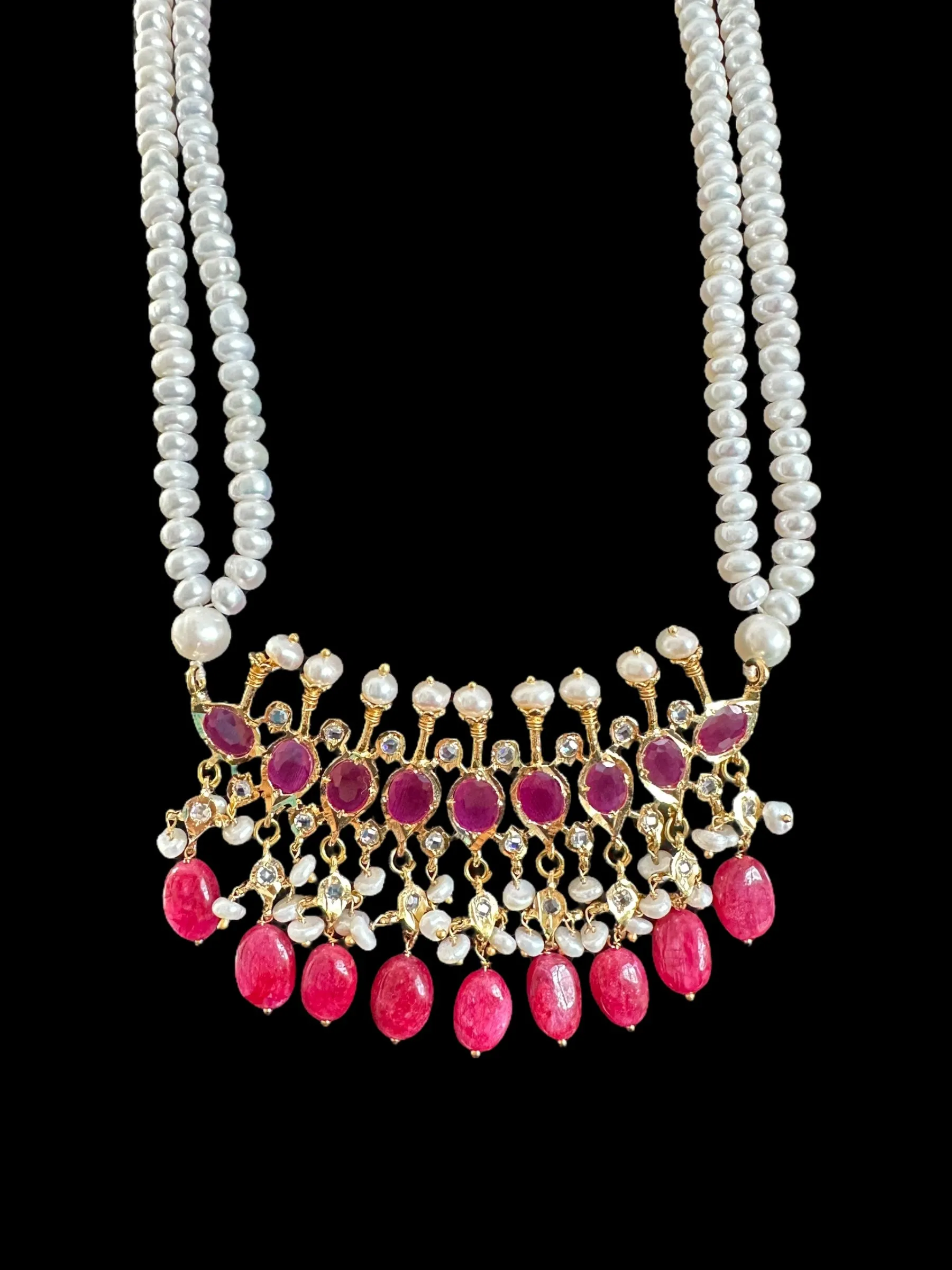 PS508 Tirmani in Rubies with Freshwater Pearls and Chandbali Earrings ?C Gold-Plated Lightweight Jewelry( READY TO SHIP )