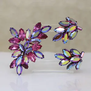 Purple & AB Red Crystal Brooch & Earrings by Regency