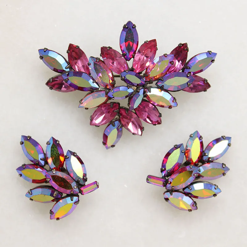 Purple & AB Red Crystal Brooch & Earrings by Regency
