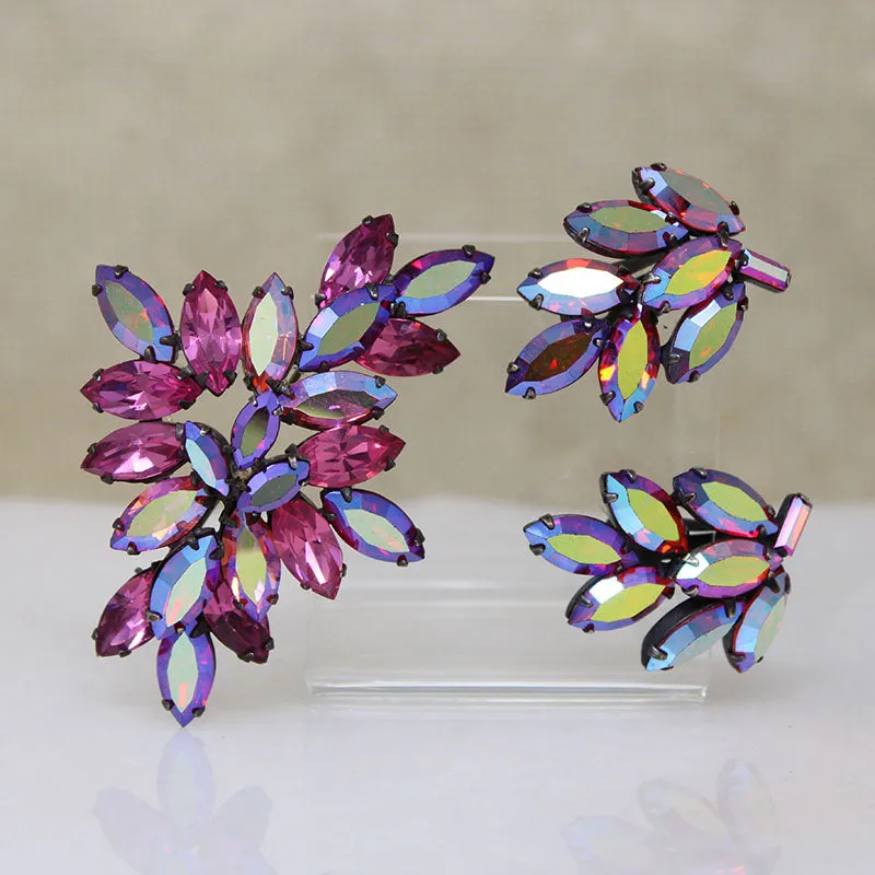 Purple & AB Red Crystal Brooch & Earrings by Regency