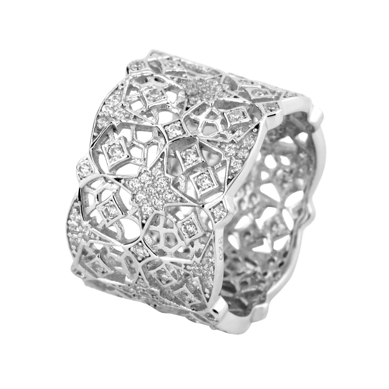 Rhodium plated 925 silver ring assembled with zirconium oxide