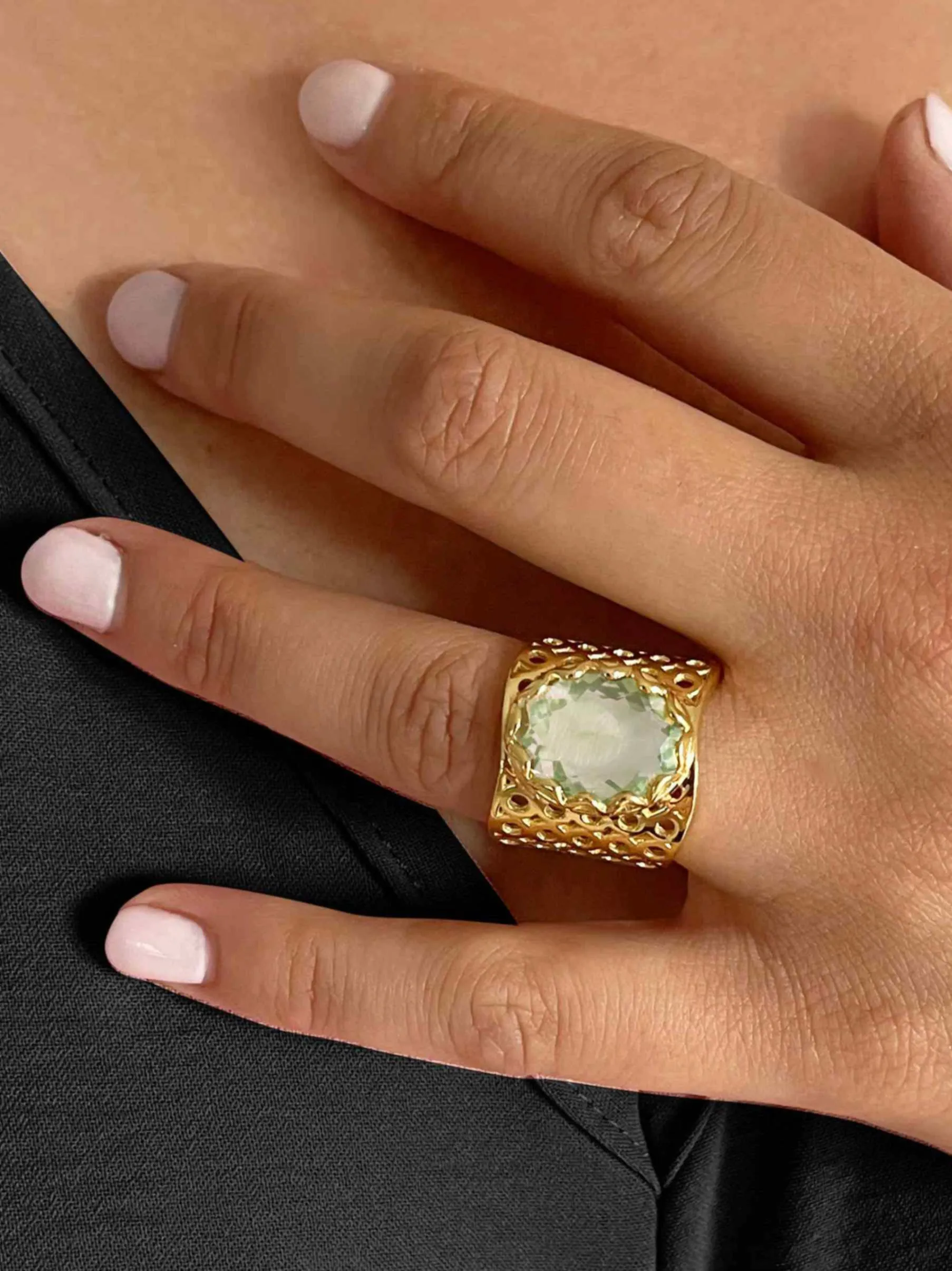 Ring in 925 silver gilded with 18k yellow gold assembled with green amethyst