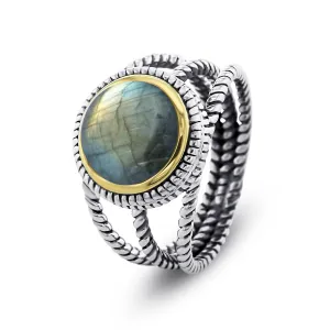 Ring in 925 Silver plated Silver and 18k Yellow Gold assembled with Labradorite